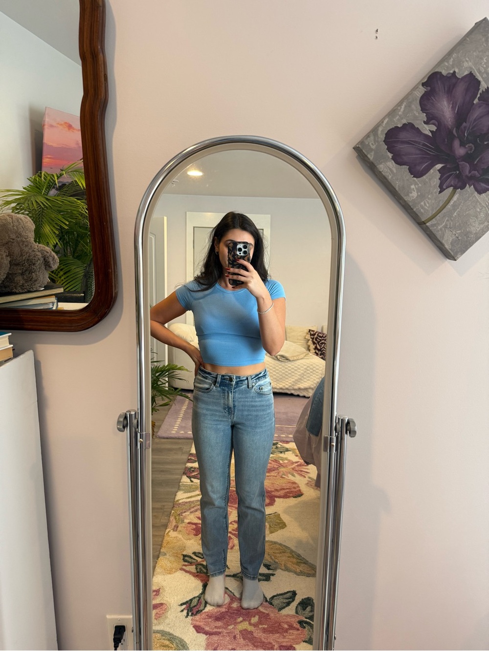 Oat New York Light Blue Crop Tee with Straight-Leg Jeans